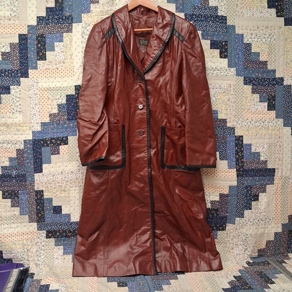 Vintage Leather Long Coat Womens Small Deep Red Black Trim Button Front